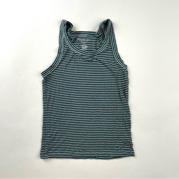 American Eagle Teal and White Striped Ribbed Tee - Picture 1 of 3